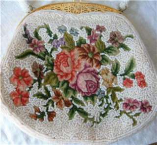 Vtg Micro Beaded Hand Bag Purse Petit Point Tapestry Floral Flowers 