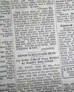 JOHN DILLINGER Letter to His Father 1934 Old Newspaper  