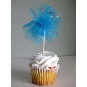   Tulle Pom Pom Cupcake Toppers Jewel Tones  Set of 12