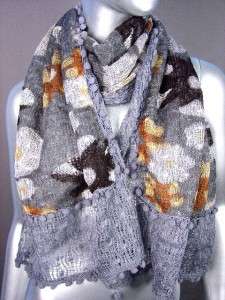   Gray Multicolor Floral Print Crochet Knit Weave Pom Poms Fashion Scarf