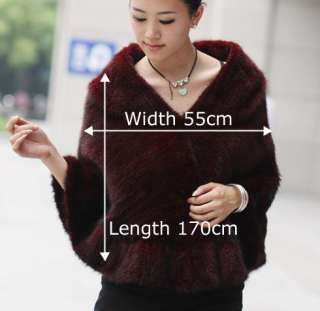 100% Real Genuine Knit Mink Fur Stole Cape Shawl Scarf Coat Ladies 