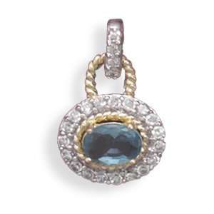  Blue Oval East West Side Set Pendant with CZ and 14K Gold 