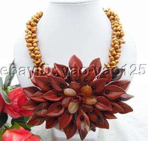3Strds Brown Pearl&Red Stone Flower&Carnelian Necklace  