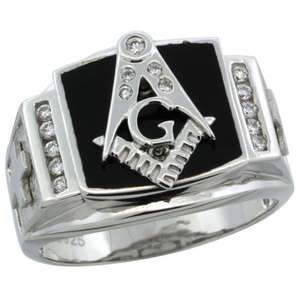 Sterling Silver Mens Black Onyx MASONIC Ring w/CZ & Frosted Crosses 