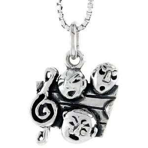 925 Sterling Silver G Clef & Comedy / Tragedy Masks Pendant (w/ 18 