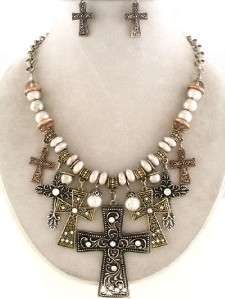 Antique Tri Tone Cross & Bead Necklace Earring Set  