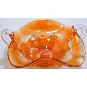  GL439   Vintage marigold carnival glass handled bowl 