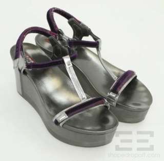 Prada Sport Silver Leather, Grey, & Purple Velvet Platform Sandals 