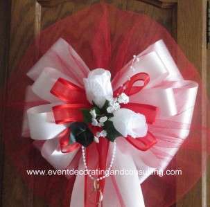 WHITE ROSES RED TULLE Satin Rib Pew Bows for Weddings  
