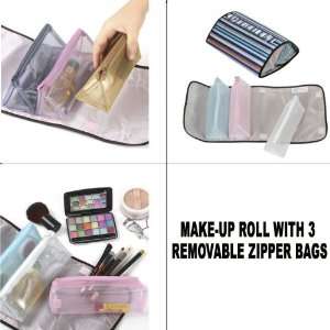 Cosmetic Roll Organizer with 3 Removeable Zippered Pouches 