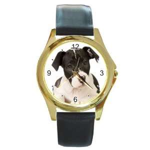 American Staffordshire Puppy Dog Round Gold Trim Watch Z0015