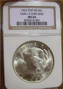 1923 Silver Peace Dollar NGC MS 64 Vam 1F Chin Bar Top 50 US Coin Free 