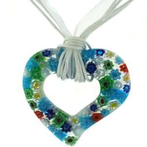  Heart Necklace Unique Glass Blue Green Silk Cord White 16 