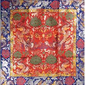   Curtain with Woven Auspicious Tibetan Symbols and Dragons   Art Silk