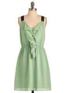 Pistachio Gelato Dress   Mid length, Green, Black, Solid, Ruffles 