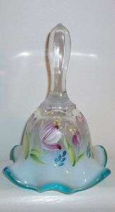 FENTON  2003 BELL HANDPAINTED FRENCH OPALESCENT WITH TURQUOISE BLUE 