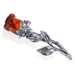   Silver Vintage Style Rose Bud Amber Pin Brooch 50mm Long and 12mm Wide