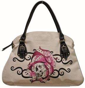 EJs SKULL in PINK ROSE Tattoo Style Tote Bag w/ Rhinestones (White 