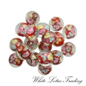 LAMPWORK RED PINK BLUE FLOWER ROUND GLASS 10 BEADS LOT  