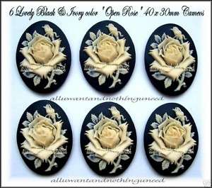 NEW UNSET 40 x 30mm 3/D BLACK/IVORY color ROSE CAMEOS  
