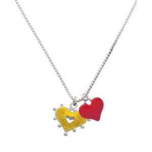 Two Sided Hot Yellow Enamel Heart with Flowers and Red Heart Charm 