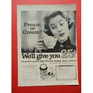 Pream , 1959 print ad(woman cup of coffee)original magazine Print Art.