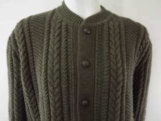mens wool aran knit cardigan sweater Bayerwald olive green L 58 