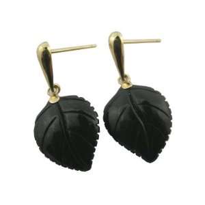  Onyx Round Leaf Dangle Earrings, 14k Gold Jewelry