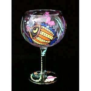 Fantasy Fish Design   Hand Painted   Glass Goblet   12.5 oz.  