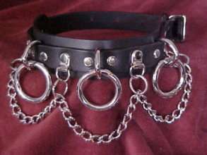 Black Leather Collar, Choker w/ 3 Large Rings + Chain  