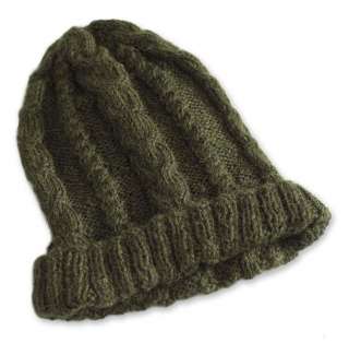 OLIVE GREEN ~100% ALPACA Hand Knit Cap~BEANIE Hat  