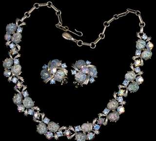   Signed Aurora Borealis Rhinestone Necklace and Earrings Set  