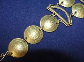 Vintage 70s Artisan Brass Peruvian Real Coin Bracelet Sol De Oro 