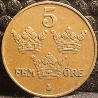 1950 Sweden 5 Ore Coin  