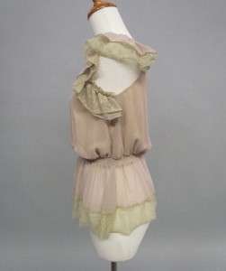 NEW LT BROWN Taupe Chiffon Peplum Lace Ruffled Sleeves Victorian 