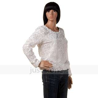 Damen 3 D flower mesh jumper elegant chic 3D Rosen Blumen Pullover 