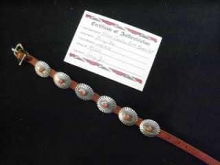   NEW STERLING SILVER CONCHO BELT STYLE BRACELET W/ LEATHER BAND & CORAL
