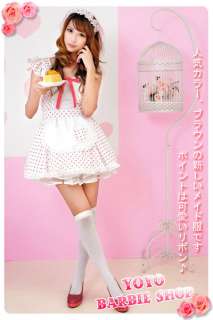 Japan Cosplay Red Ribbon Polka White Ruffle Lolita Maid Apron Costume 