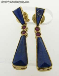 Beautiful 14k Gold Lapis & Ruby Art Deco Earrings  