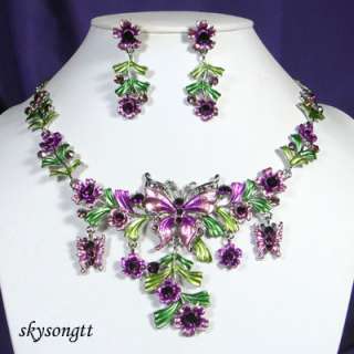 Purple Enamel Crystal Butterfly Necklace Set S1618V  