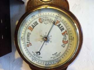 Antique Victorian Oak Aneroid Barometer Thermometer  