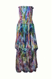   Womens 70s Tie Dye Print Smocked Strapless Maxi Sun Dress  