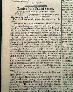 McCULLOCH v. MARYLAND Supreme Court 1819 Old Newspaper  