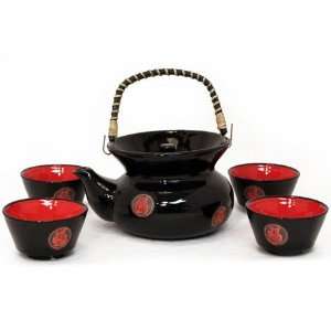   Art Deco Black / Red Wide Top Chinese Coin Porcelain Tea Set