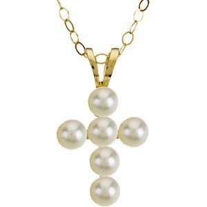   Gold White Freshwater Pearl Cross Pendant Necklace, 15 Ring Chain