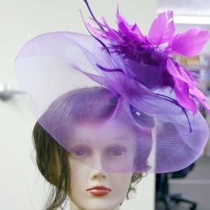   Big Flower Feather Veil Fascinator Hair Clip/ Cocktail Hat   PURPLE