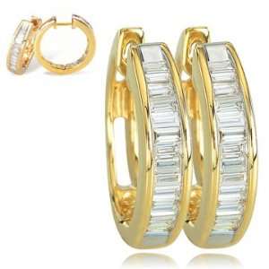   14K Yellow Gold Channel Set Baguette Diamond Huggie Earrings Jewelry