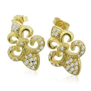   Inspired Sterling Silver CZ Gold Plated Fleur de Lis Earrings Jewelry