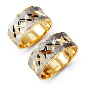    14k Yellow White Gold Engraved Wide Wedding Band Set Jewelry