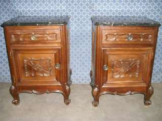 NICE CARVED ITALIAN ANTIQUE MARBEL TOP NIGHT STANDS  